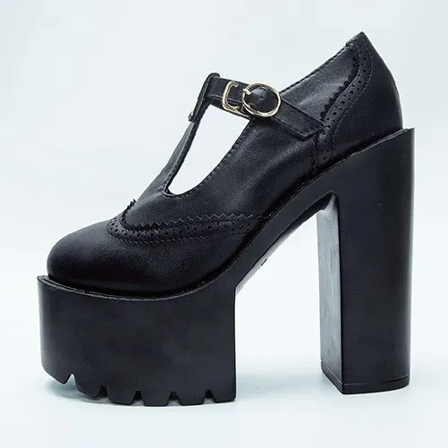 Black Punk Rock T Strap Chunky Sole Platforms Pumps