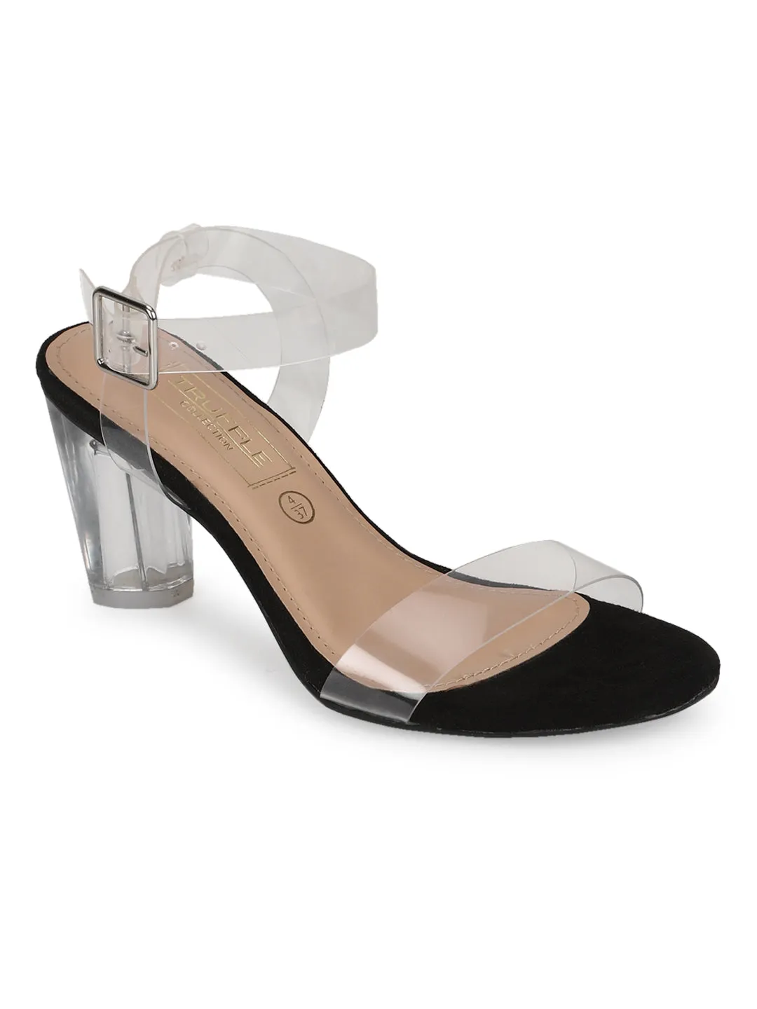 Black Suede Perspex Clear Round Block Heels (TP10176-BLK)