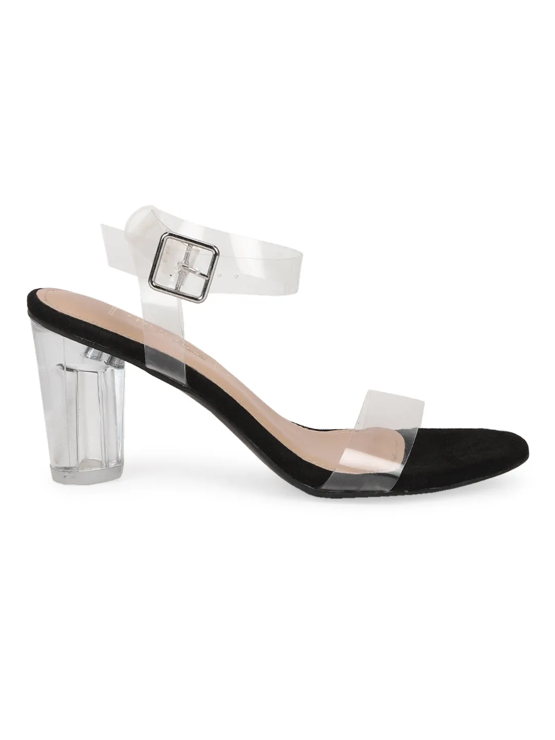 Black Suede Perspex Clear Round Block Heels (TP10176-BLK)