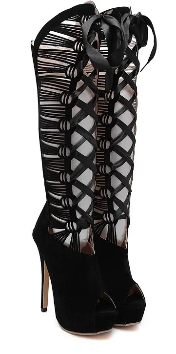 Black Suede Ribbon Lace Up Peeptoe Hollow Out Platform Stiletto Boots