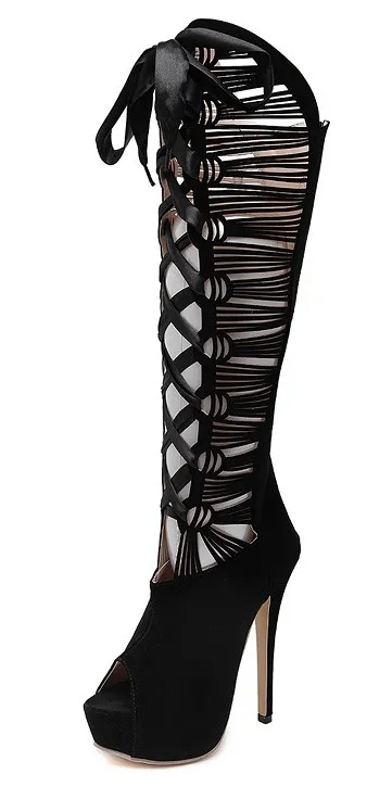 Black Suede Ribbon Lace Up Peeptoe Hollow Out Platform Stiletto Boots