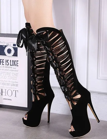 Black Suede Ribbon Lace Up Peeptoe Hollow Out Platform Stiletto Boots