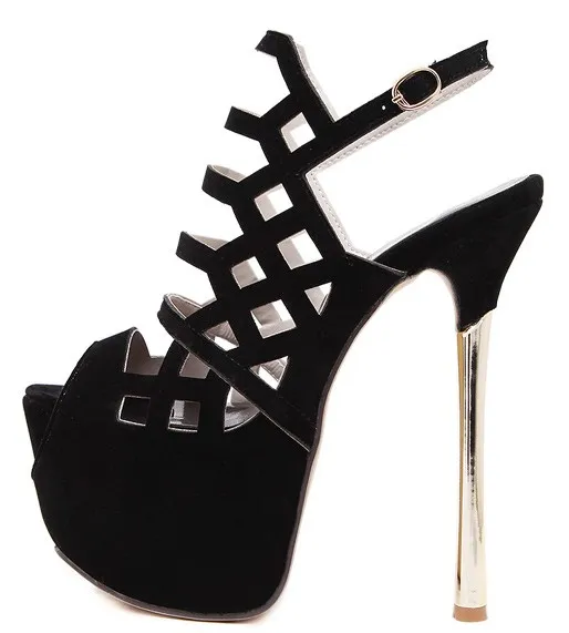 Black Suede Stiletto Sandals with Gold Platform