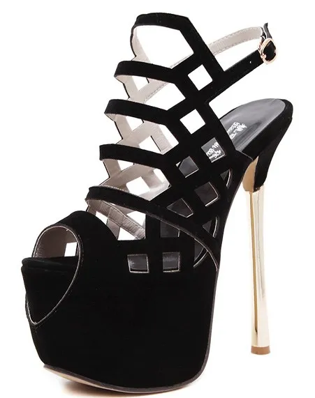 Black Suede Stiletto Sandals with Gold Platform