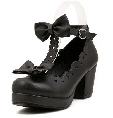 Black T Strap Lolita Platforms Mid Heels