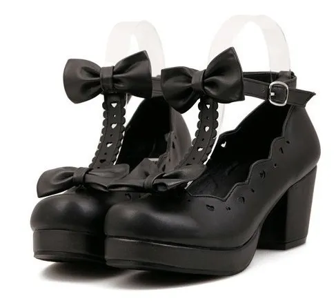 Black T Strap Lolita Platforms Mid Heels