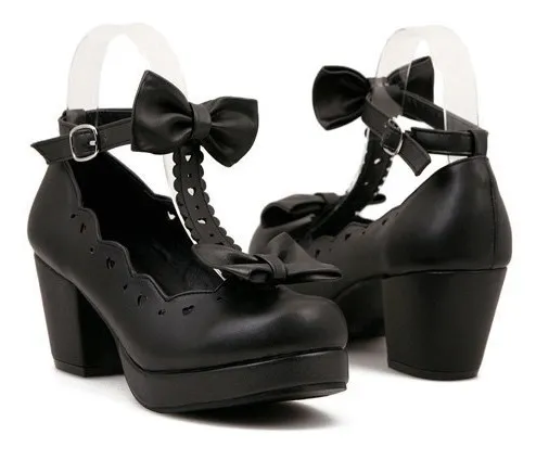 Black T Strap Lolita Platforms Mid Heels