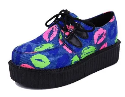 Blue Lips & Mouths Lace-Up Platform Creepers