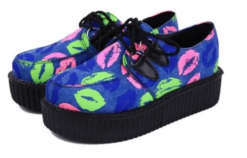 Blue Lips & Mouths Lace-Up Platform Creepers