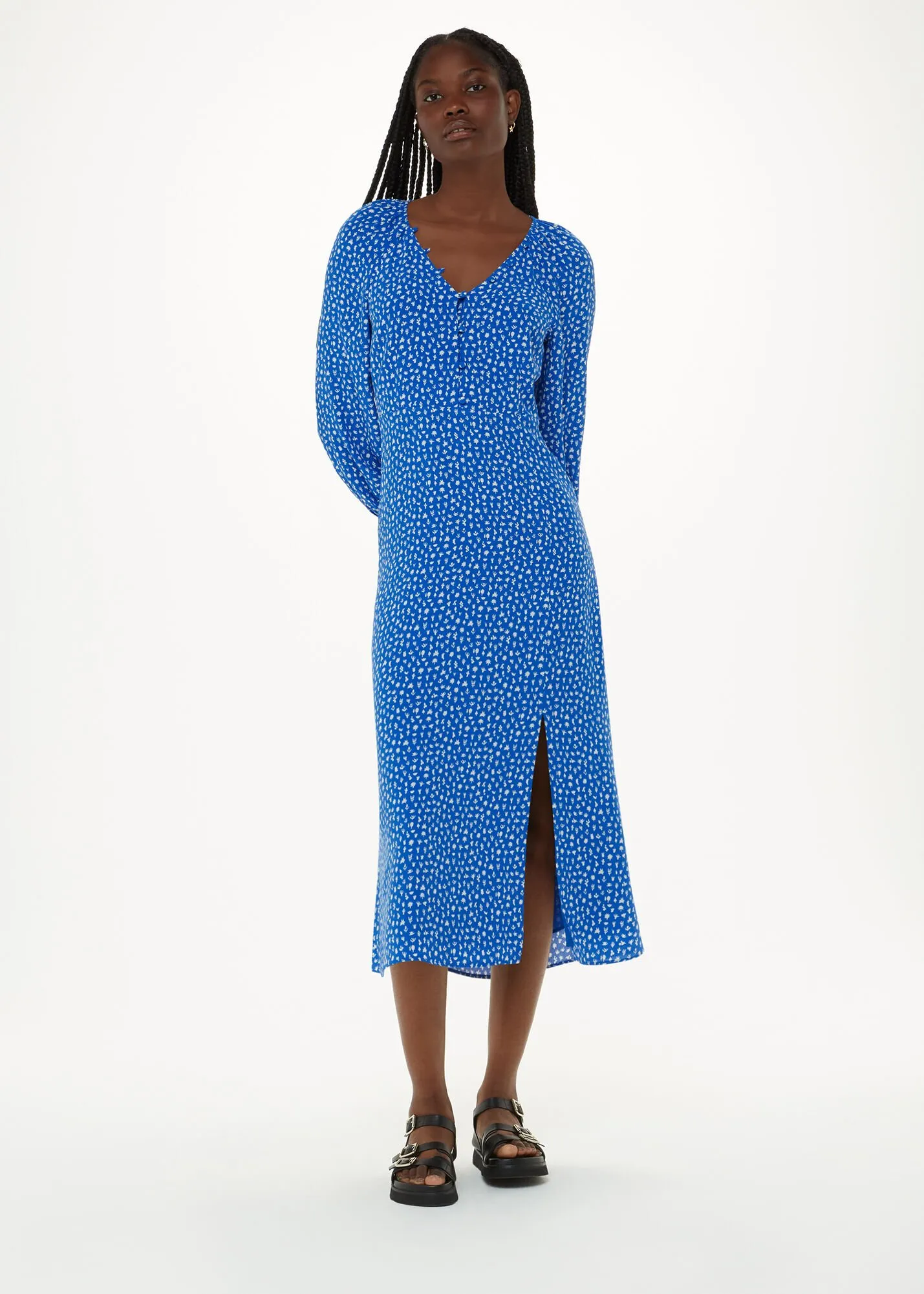 Blue Micro Cactus Print Midi Dress