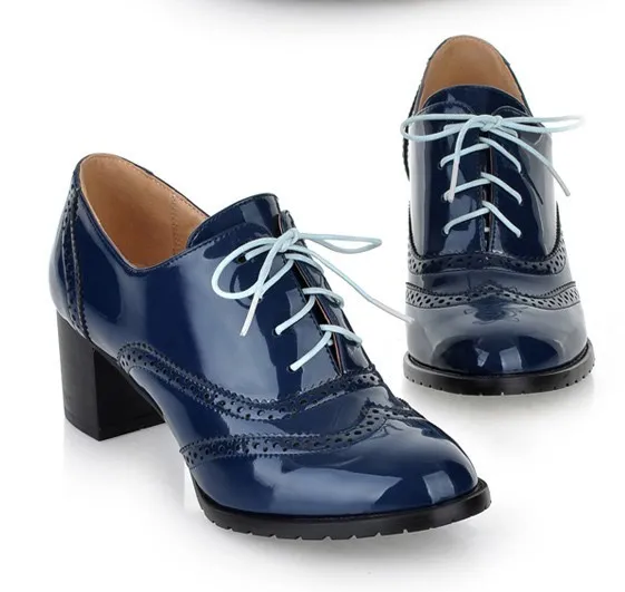 Blue Patent Vintage Lace Up High Heel Oxfords