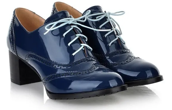 Blue Patent Vintage Lace Up High Heel Oxfords