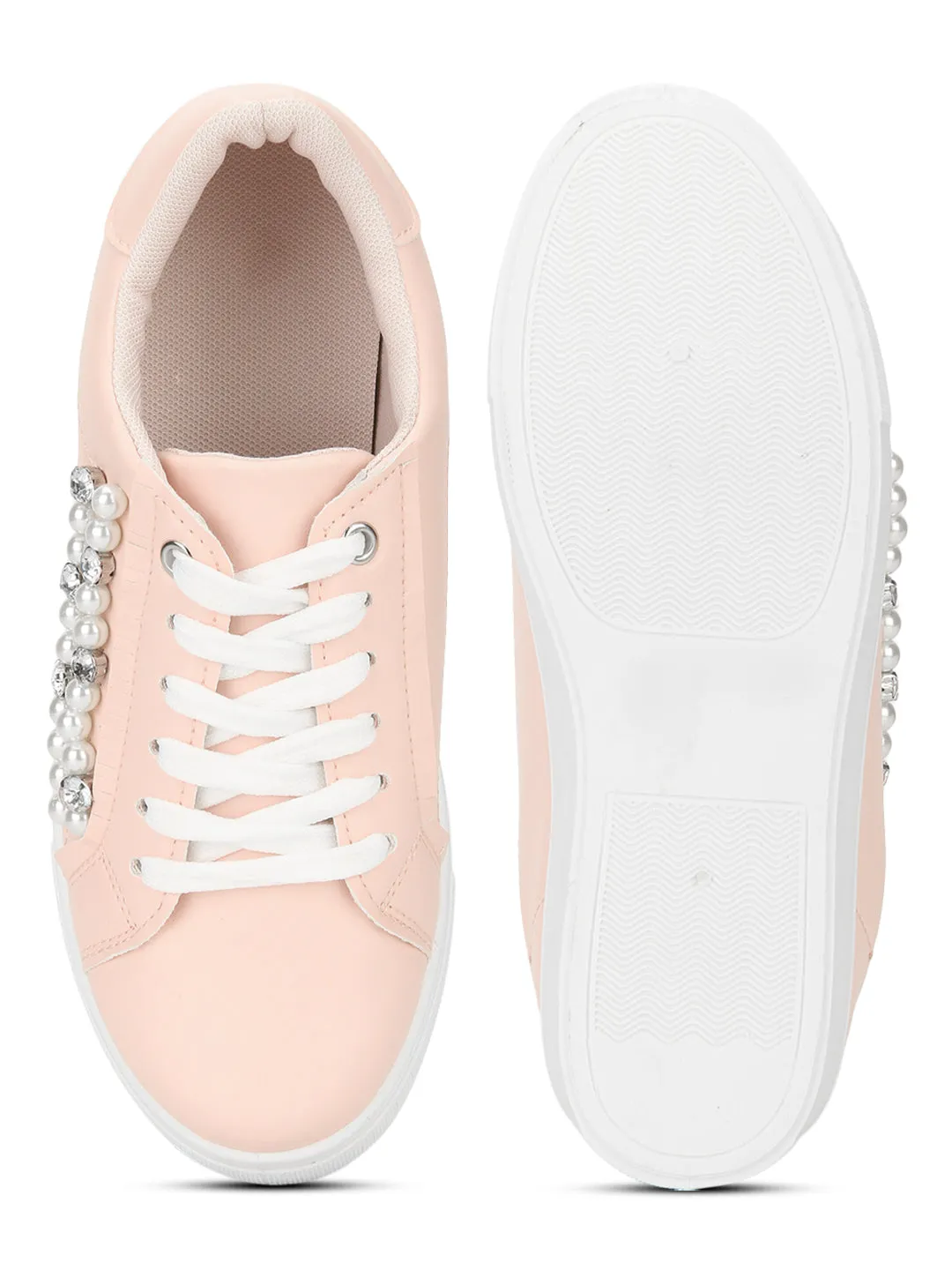 Blush PU Pearl Detail Lace-Up Sneakers