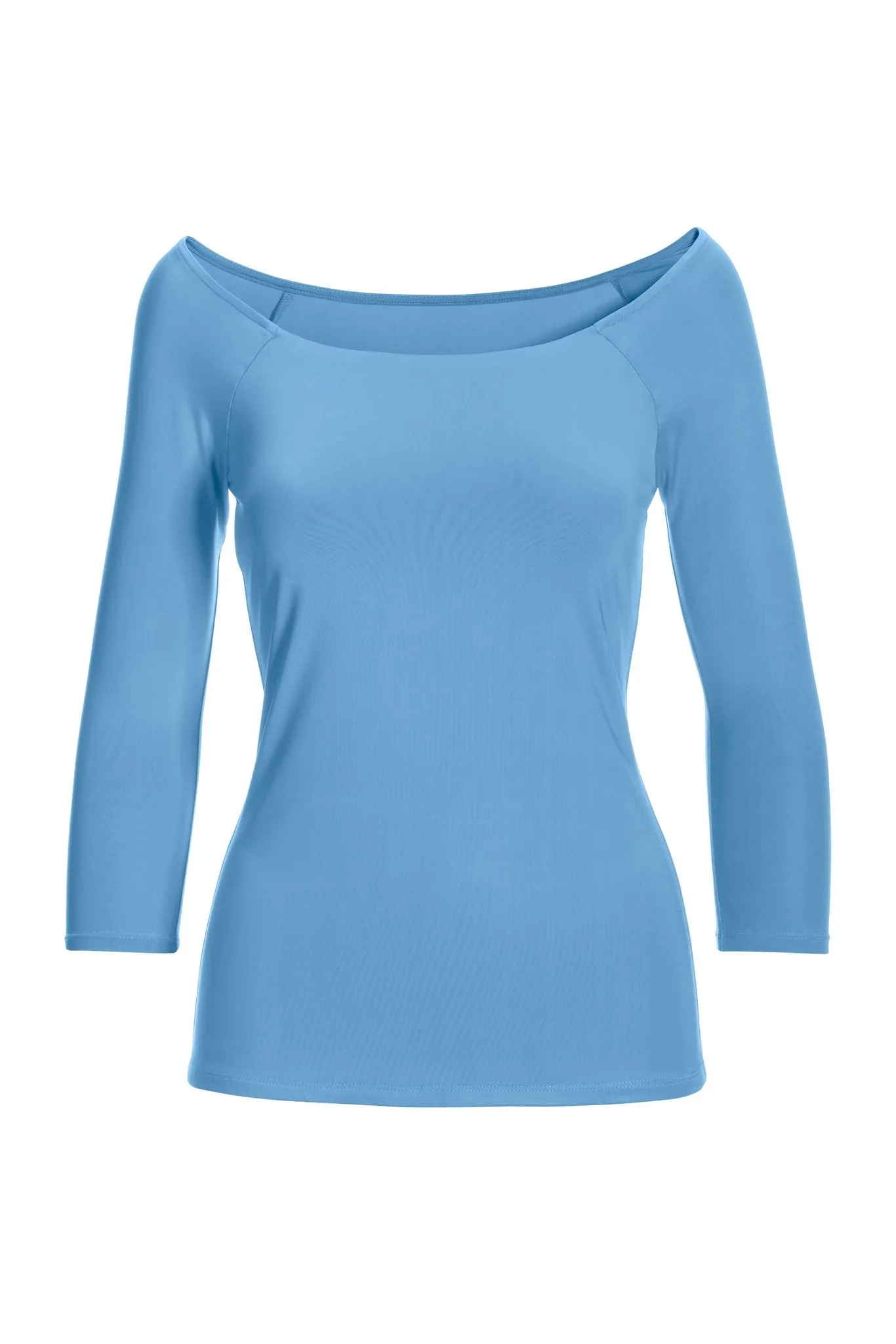 Sky Blue Boat Neck Top with Three Quarter Sleeves