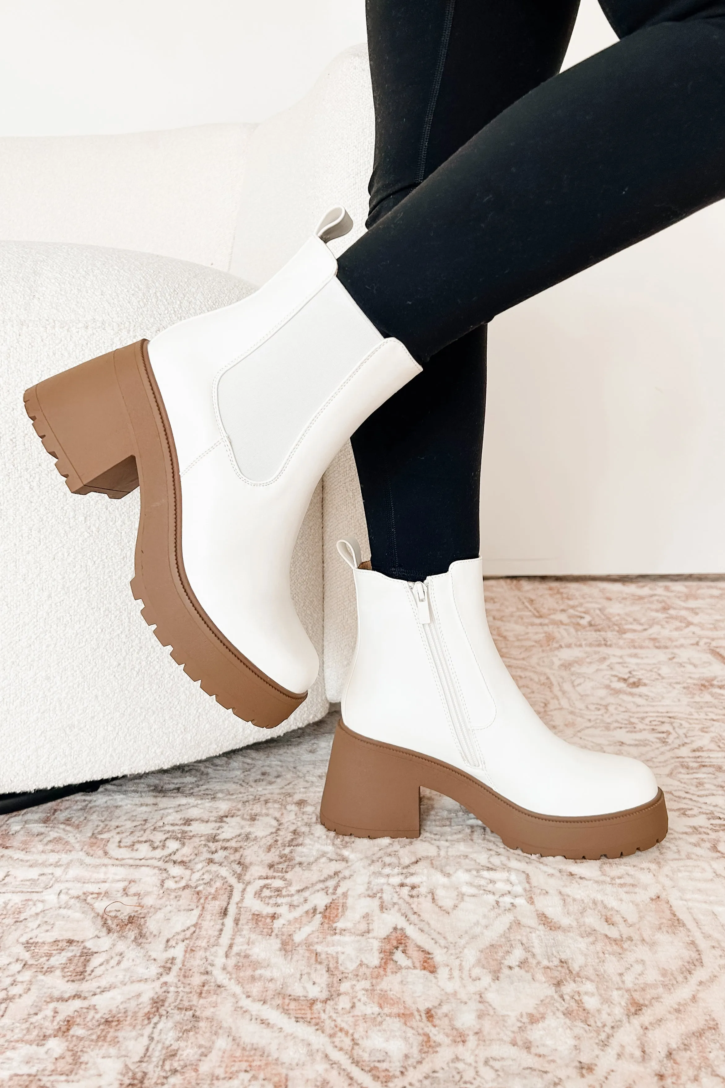 Boots On The Ground Platform Heeled Chelsea Boots (White PU)