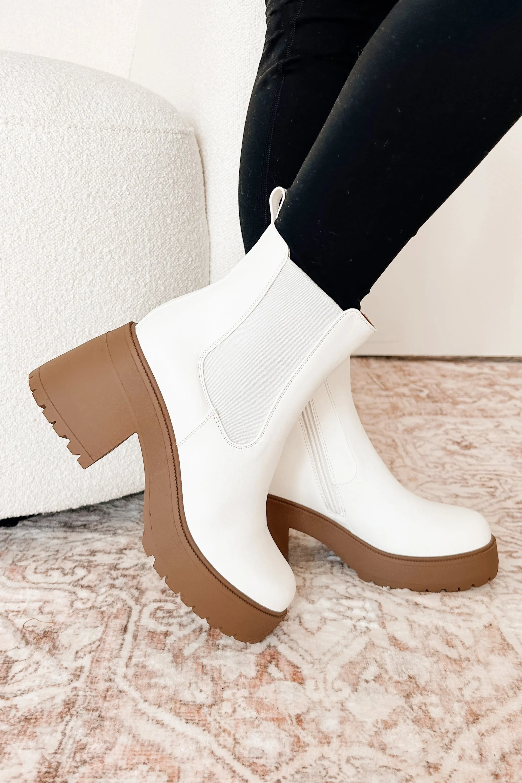 Boots On The Ground Platform Heeled Chelsea Boots (White PU)