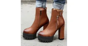 Brown Military Boots with Zipper, High Tops, and Block Heels