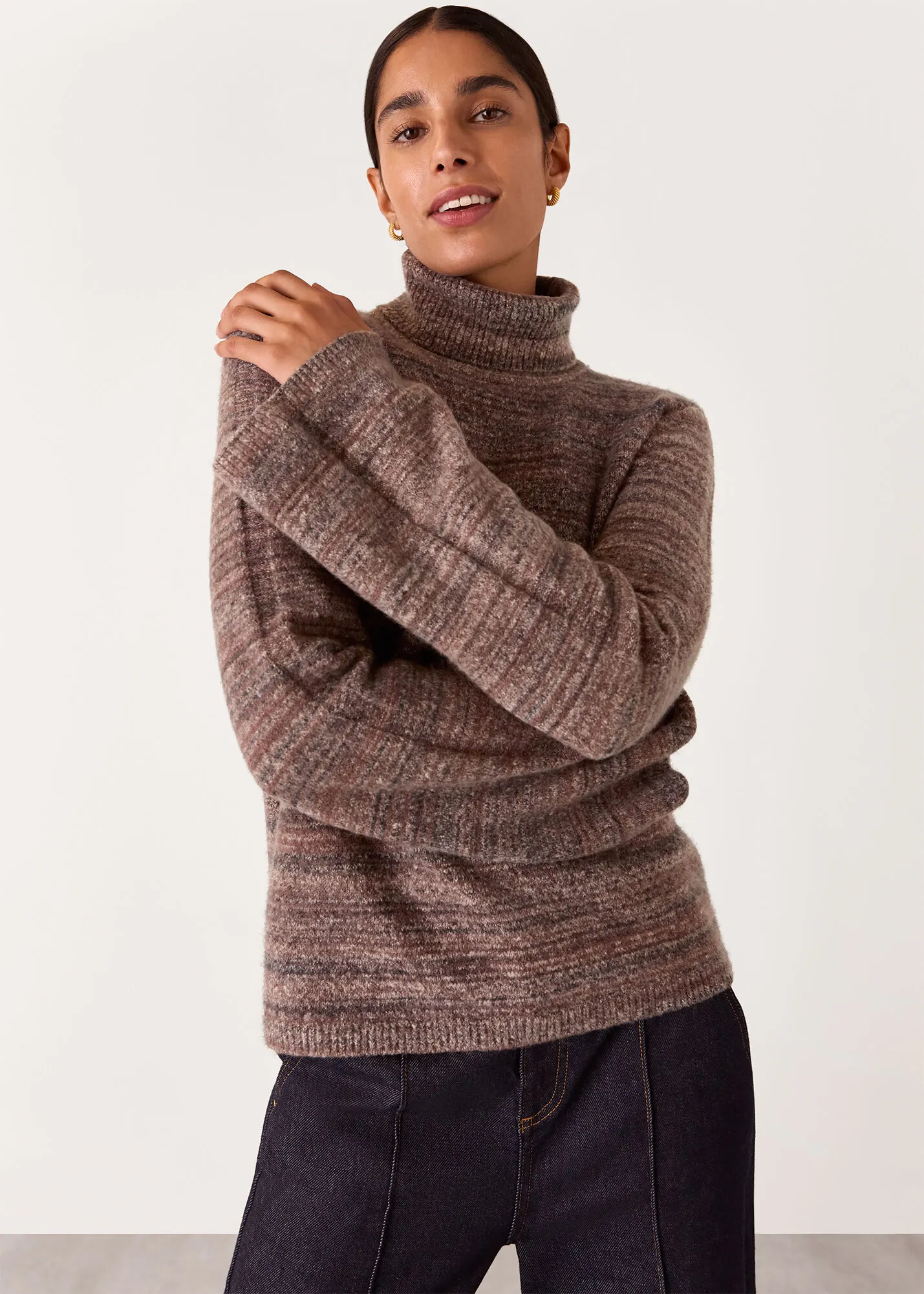 Brown Textured Funnel Neck Knit