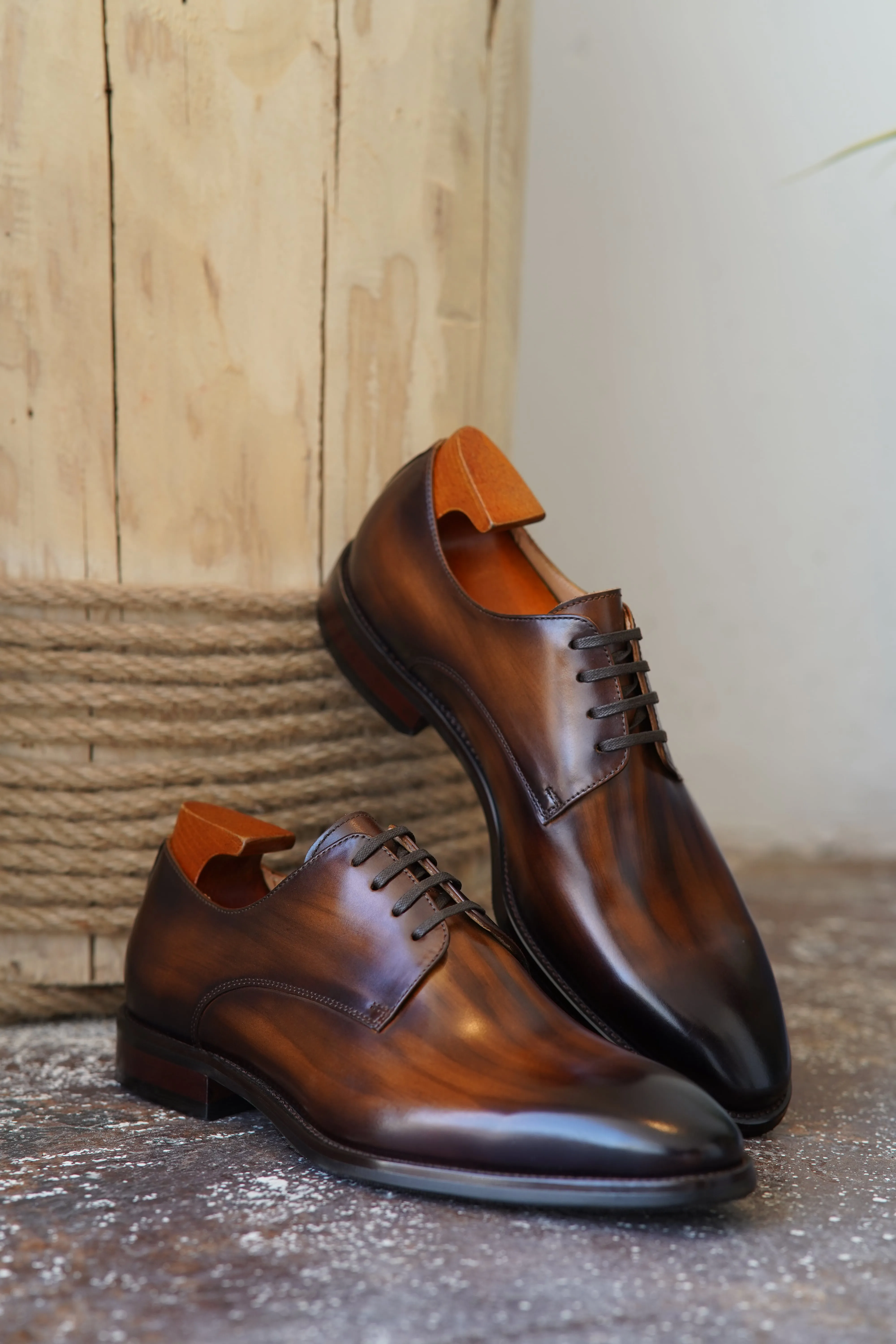 Burnished Brown Leather Derby Shoes