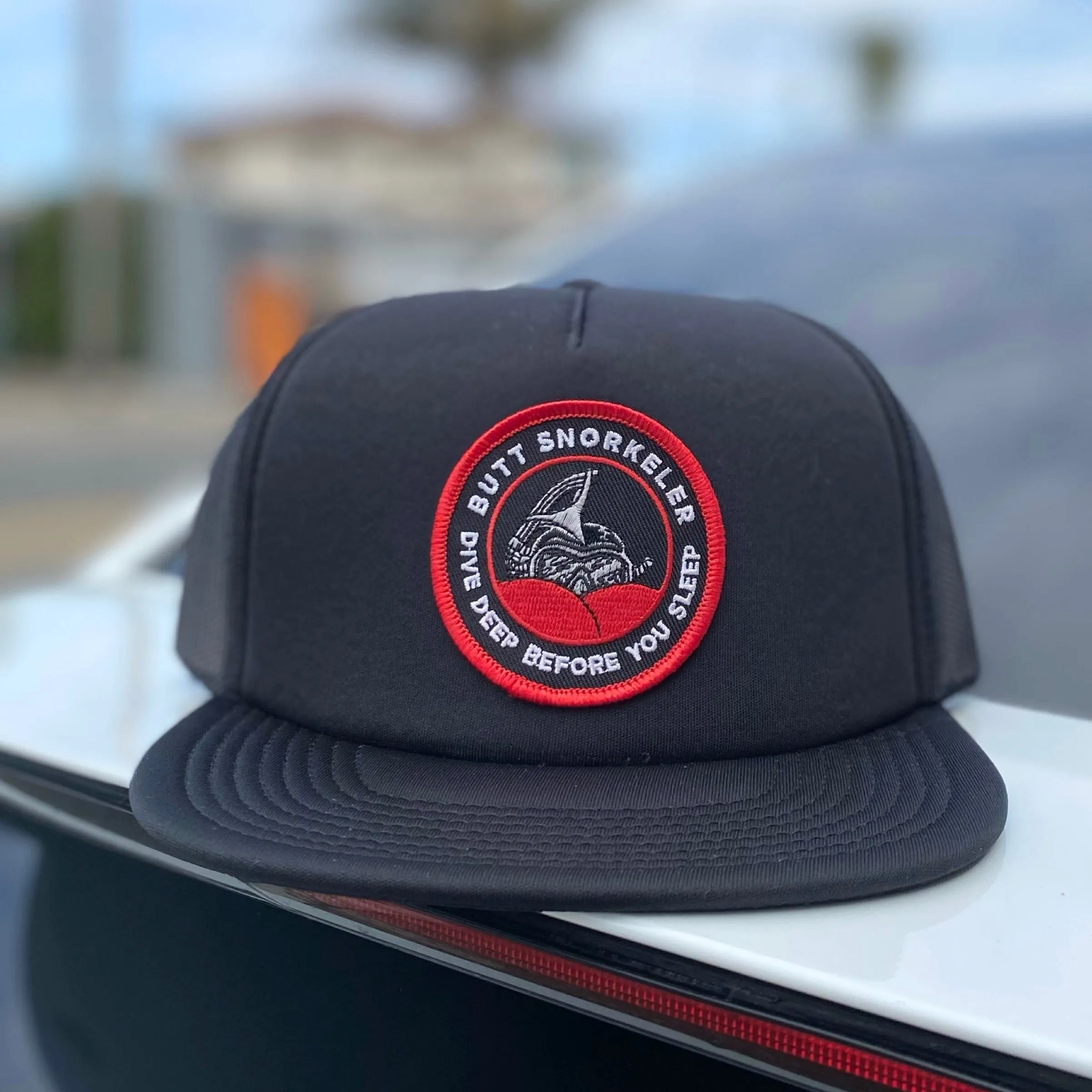 Black Red Butt Snorkeler Trucker Hat