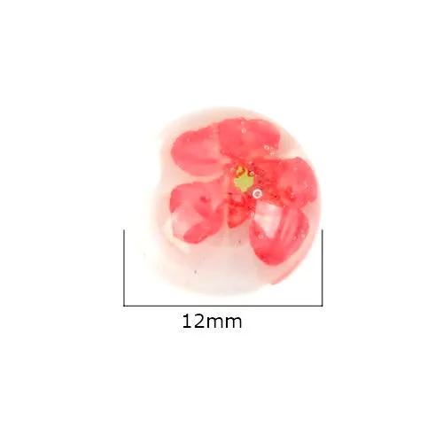 Cabochon, Dome, Seals, Round, Resin, Dried Flowers, Red, Transparent, 12mm