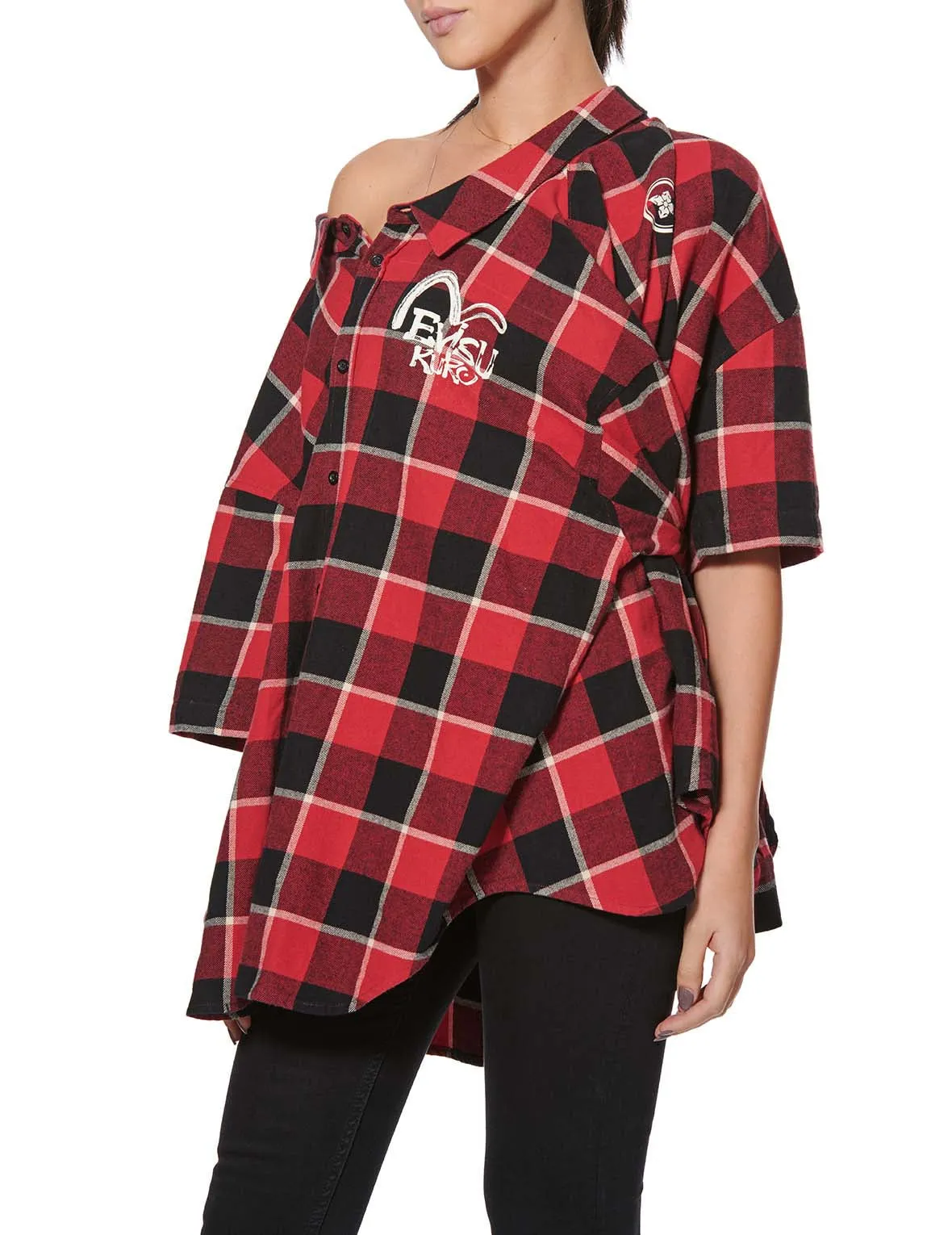 Calligraphy Print Asymmetric Flannel Shirt