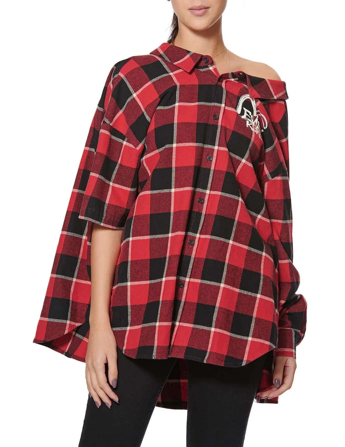 Calligraphy Print Asymmetric Flannel Shirt