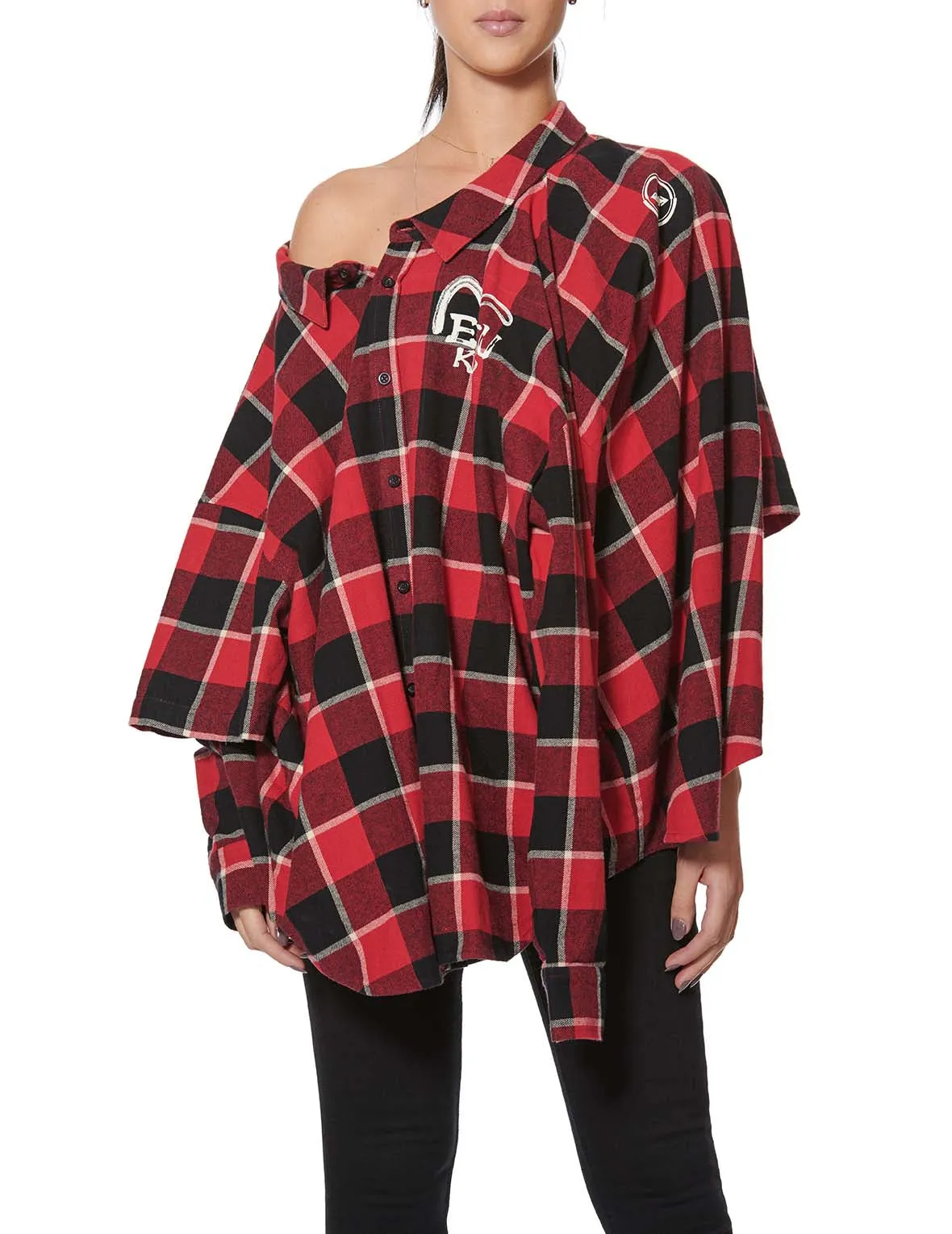 Calligraphy Print Asymmetric Flannel Shirt