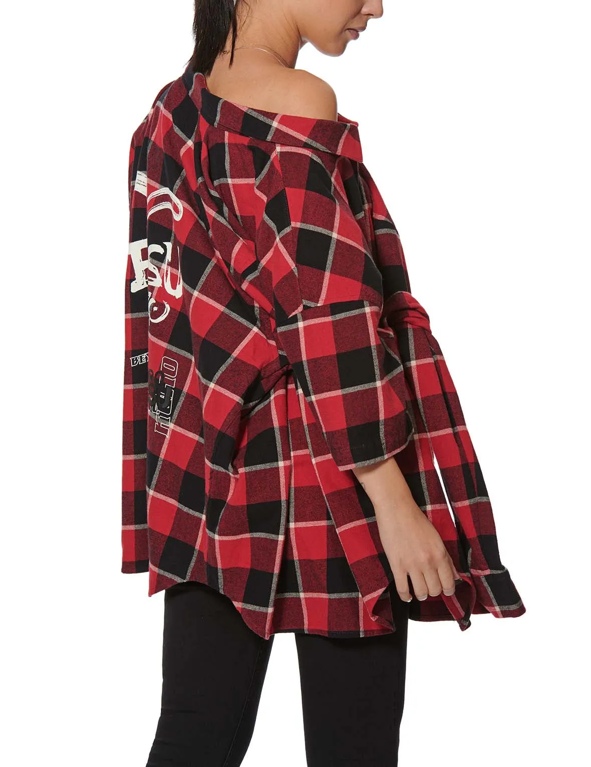 Calligraphy Print Asymmetric Flannel Shirt