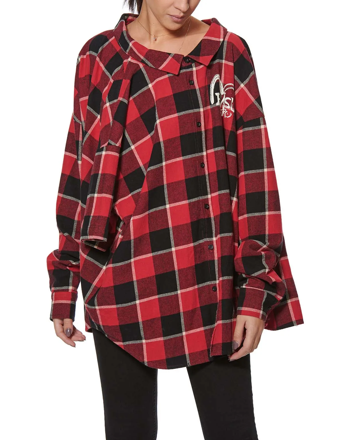 Calligraphy Print Asymmetric Flannel Shirt