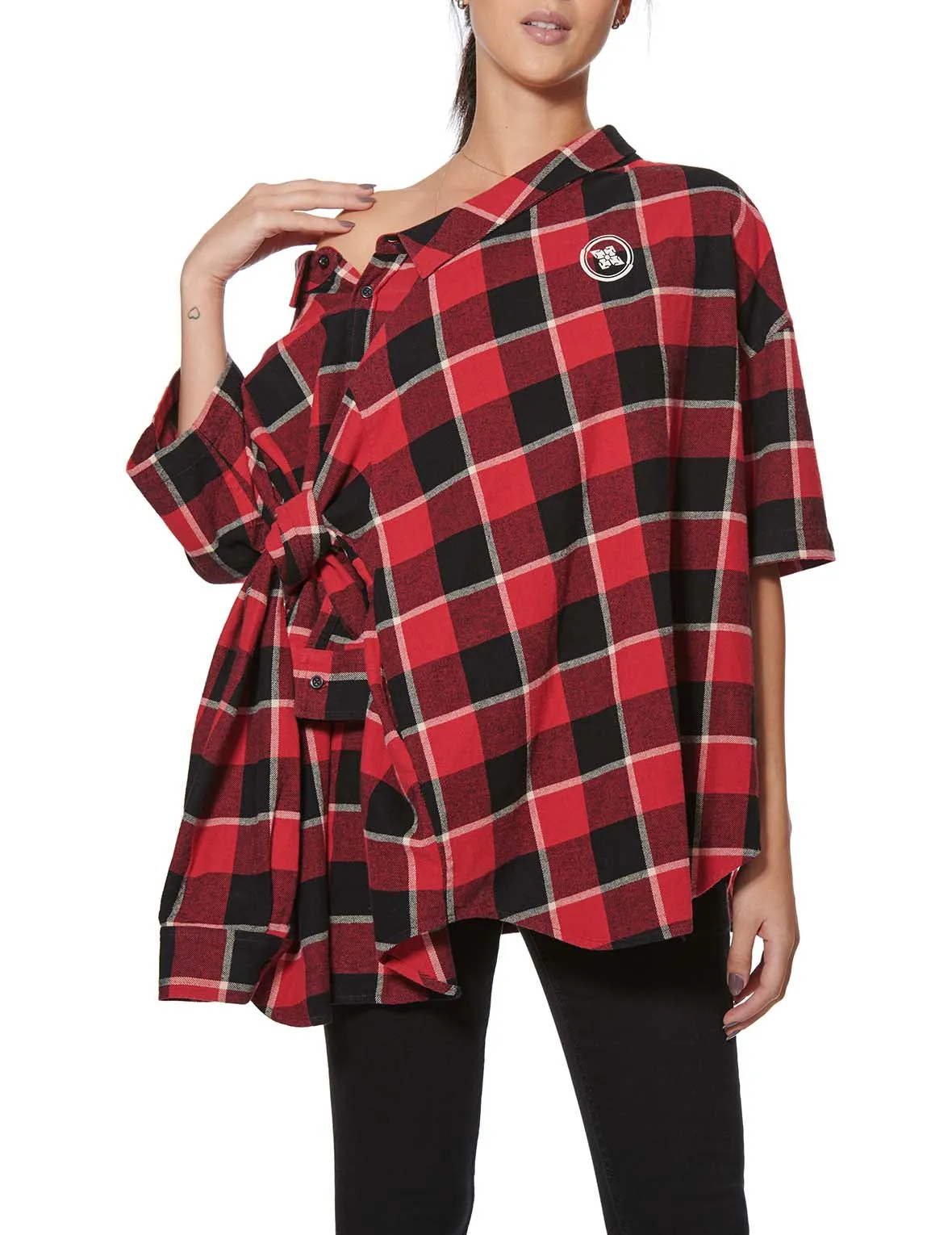 Calligraphy Print Asymmetric Flannel Shirt