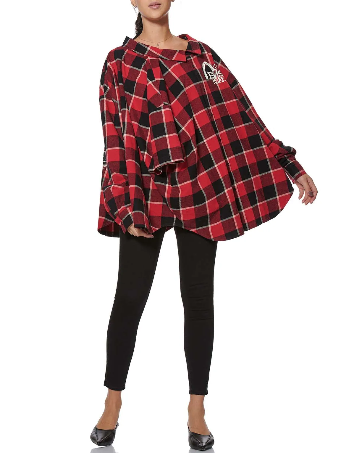 Calligraphy Print Asymmetric Flannel Shirt