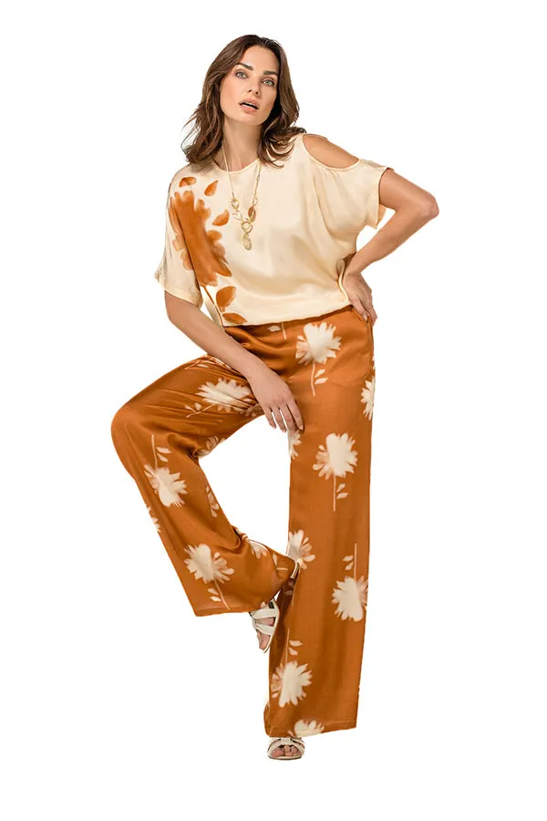 Caroline Biss BROWN FLORAL PRINT STRAIGHT SHINY TROUSERS