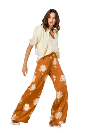 Caroline Biss BROWN FLORAL PRINT STRAIGHT SHINY TROUSERS