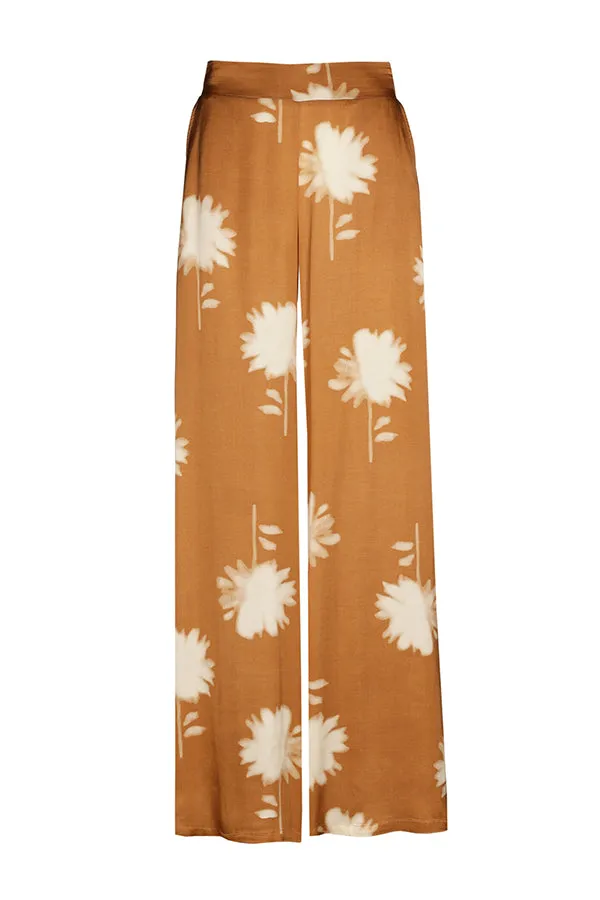 Caroline Biss BROWN FLORAL PRINT STRAIGHT SHINY TROUSERS