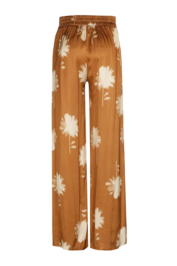 Caroline Biss BROWN FLORAL PRINT STRAIGHT SHINY TROUSERS