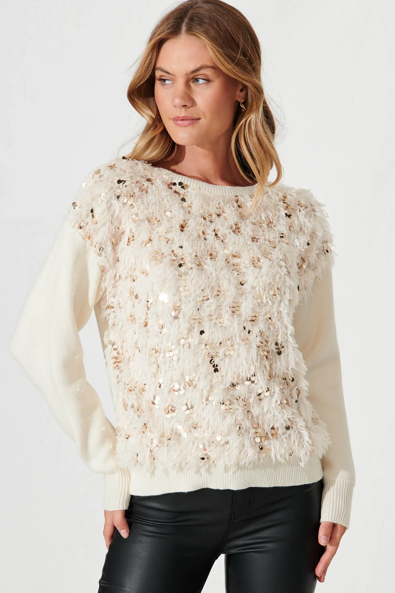 Cento Knit In Cream With Fluffy Sequin Wool Blend