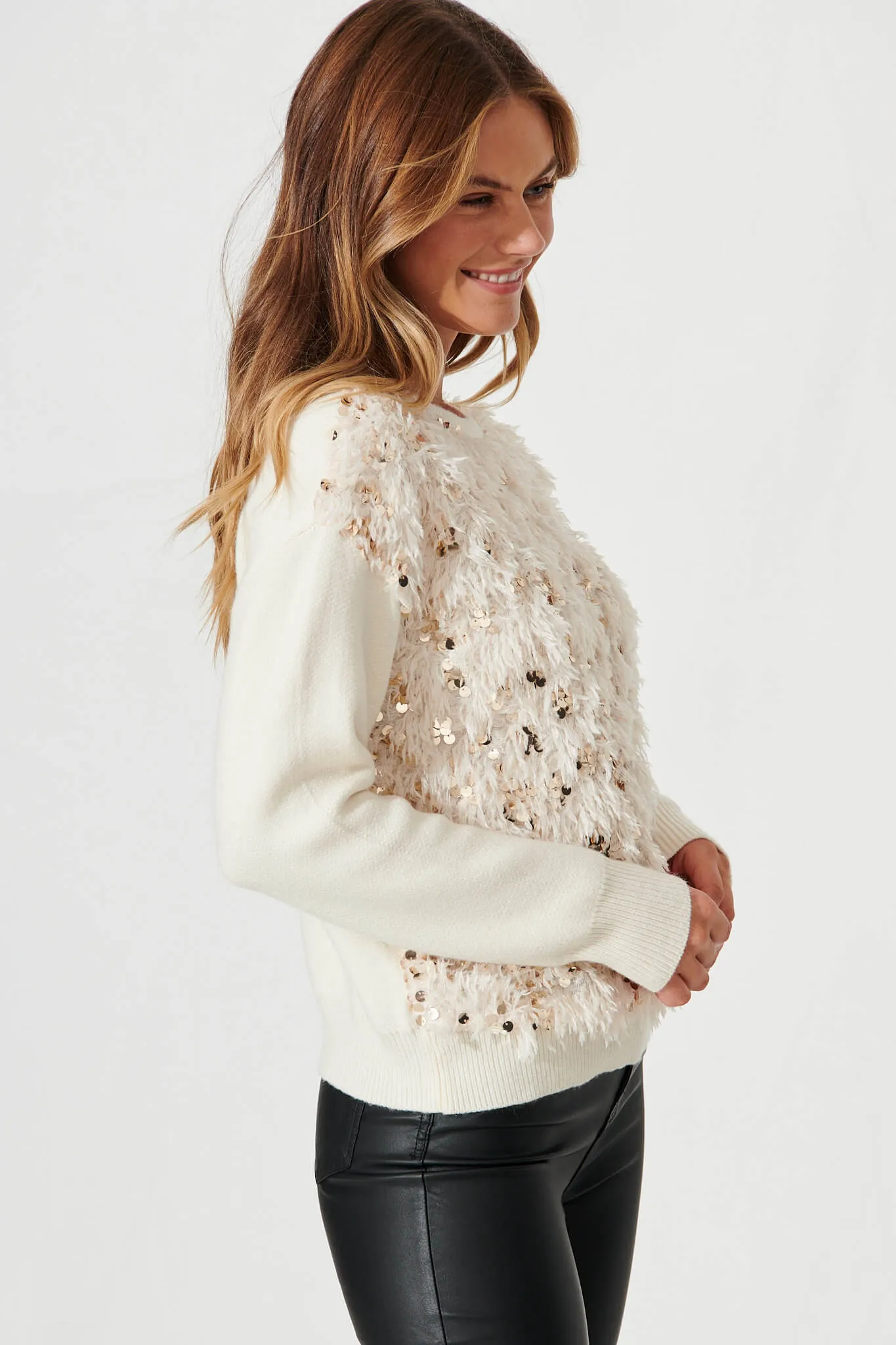 Cento Knit In Cream With Fluffy Sequin Wool Blend