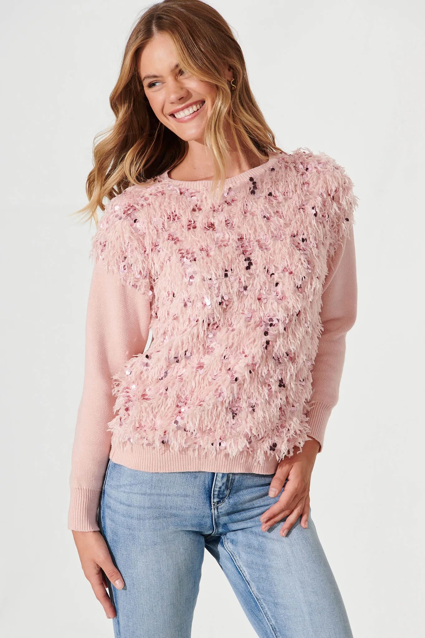 Cento Knit In Pink With Fluffy Sequin Wool Blend