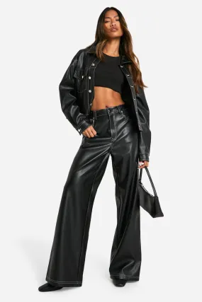 Contrast Stitch Detail Faux Leather Trousers