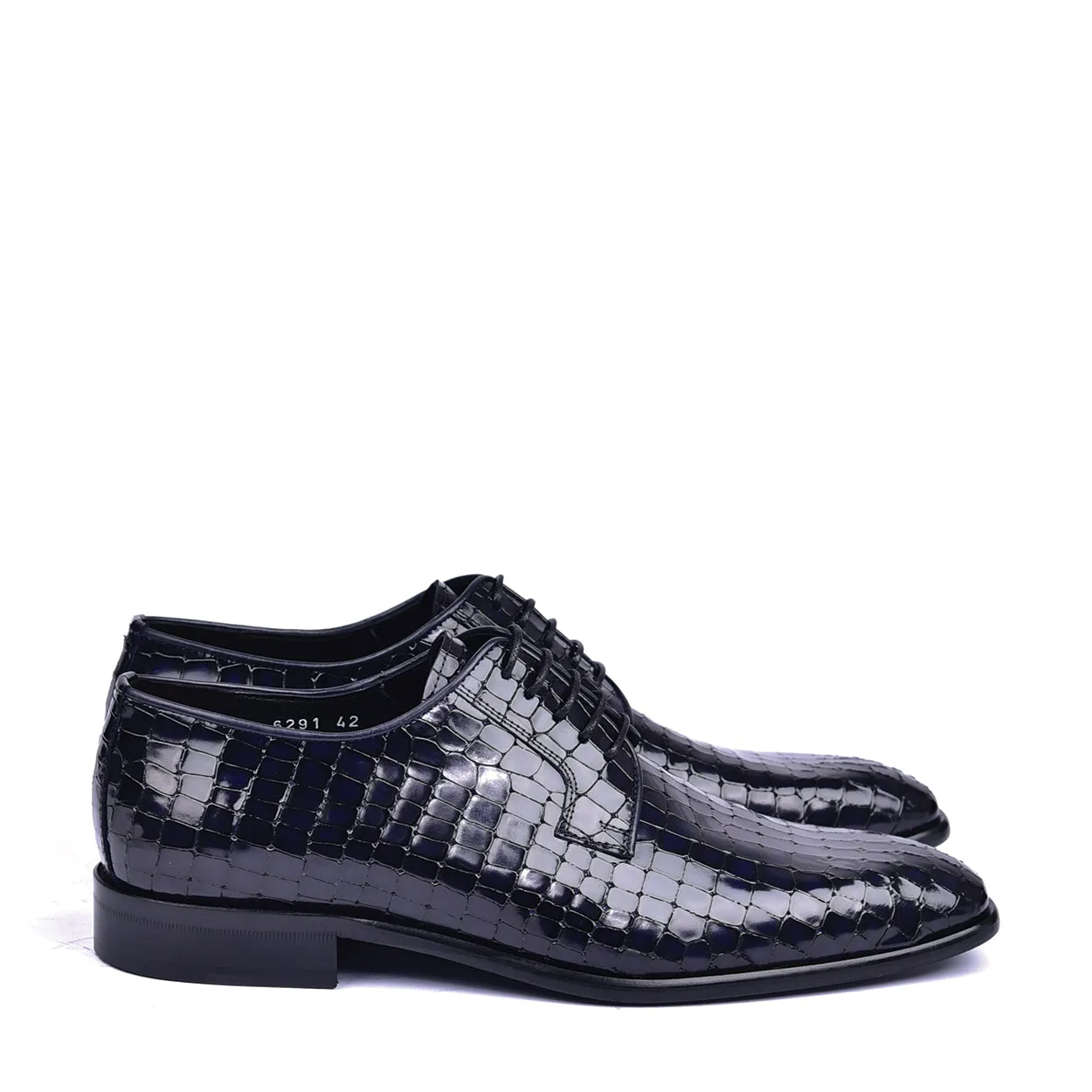 C01507 6291 Navy Crocodile Print / Calf-Skin Leather Men's Derby Oxfords (CRT1452)