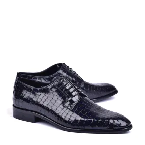 C01507 6291 Navy Crocodile Print / Calf-Skin Leather Men's Derby Oxfords (CRT1452)