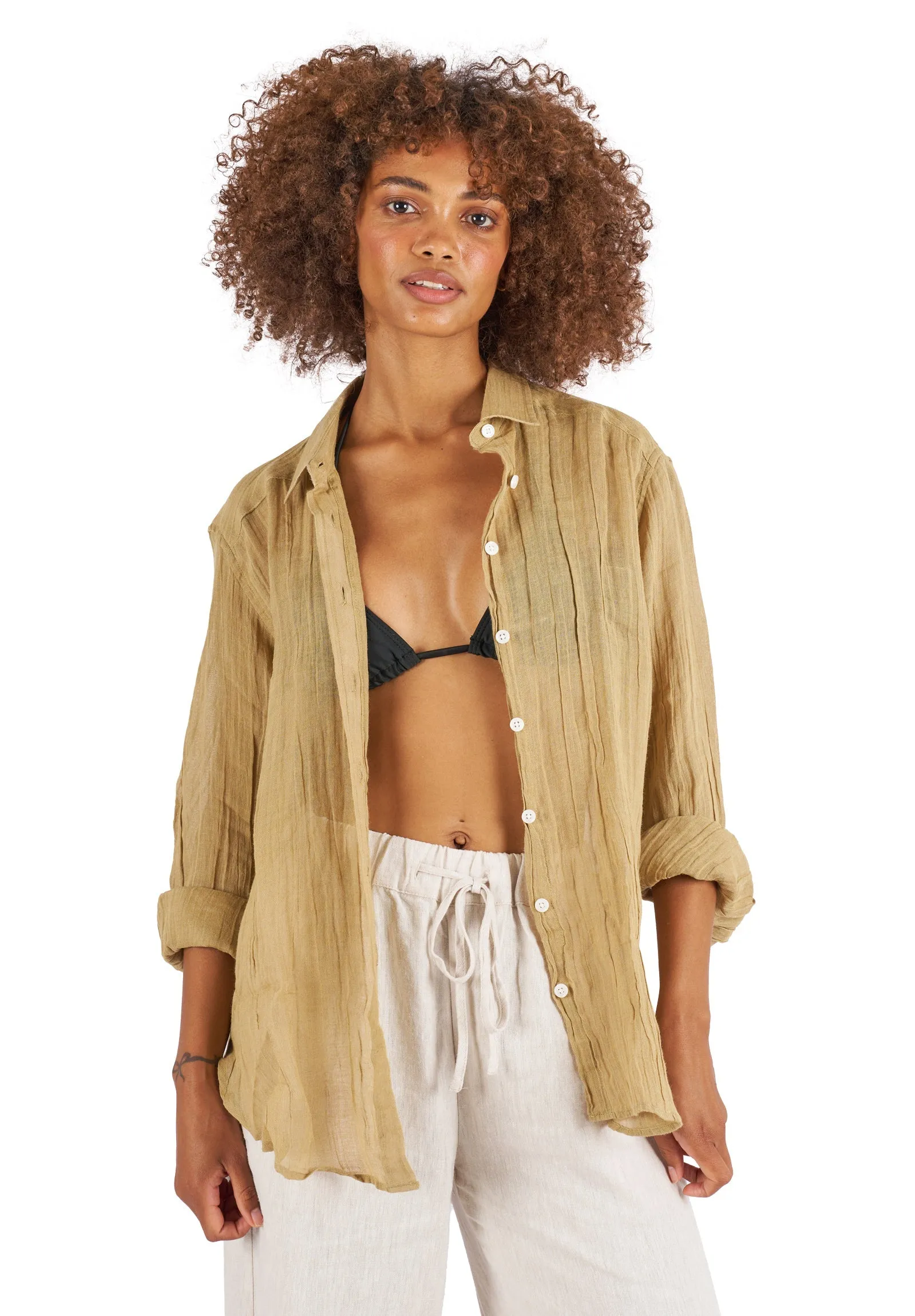 Crinkle-Shirt Khaki Oversized Linen Shirt