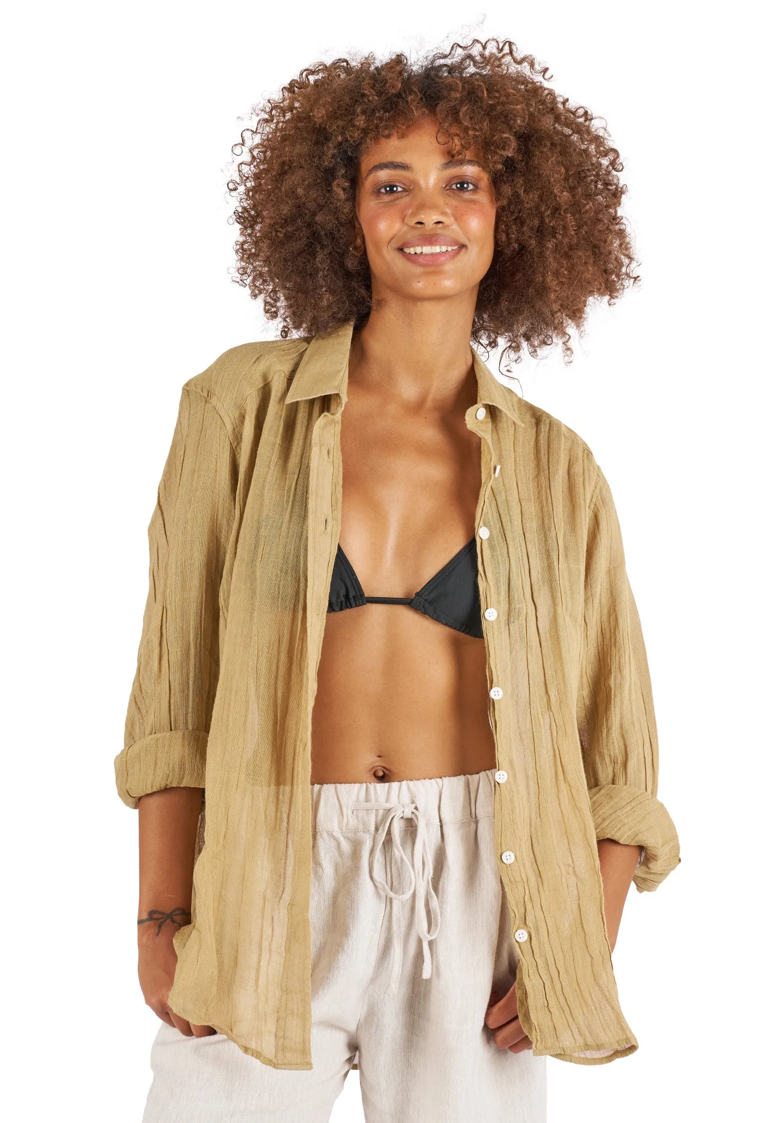 Crinkle-Shirt Khaki Oversized Linen Shirt