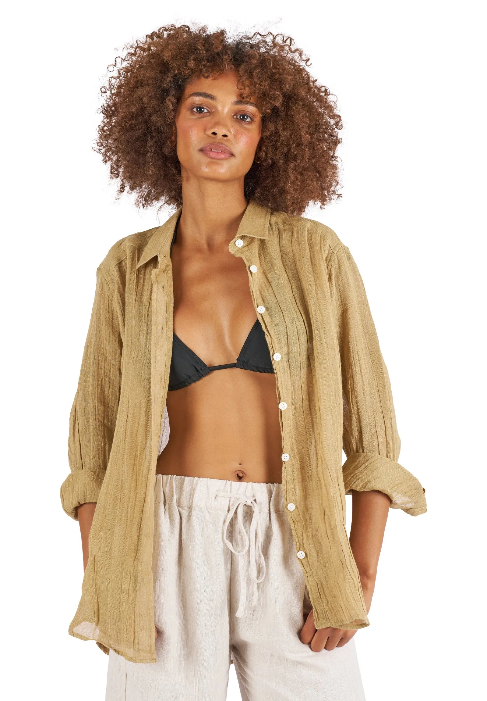 Crinkle-Shirt Khaki Oversized Linen Shirt