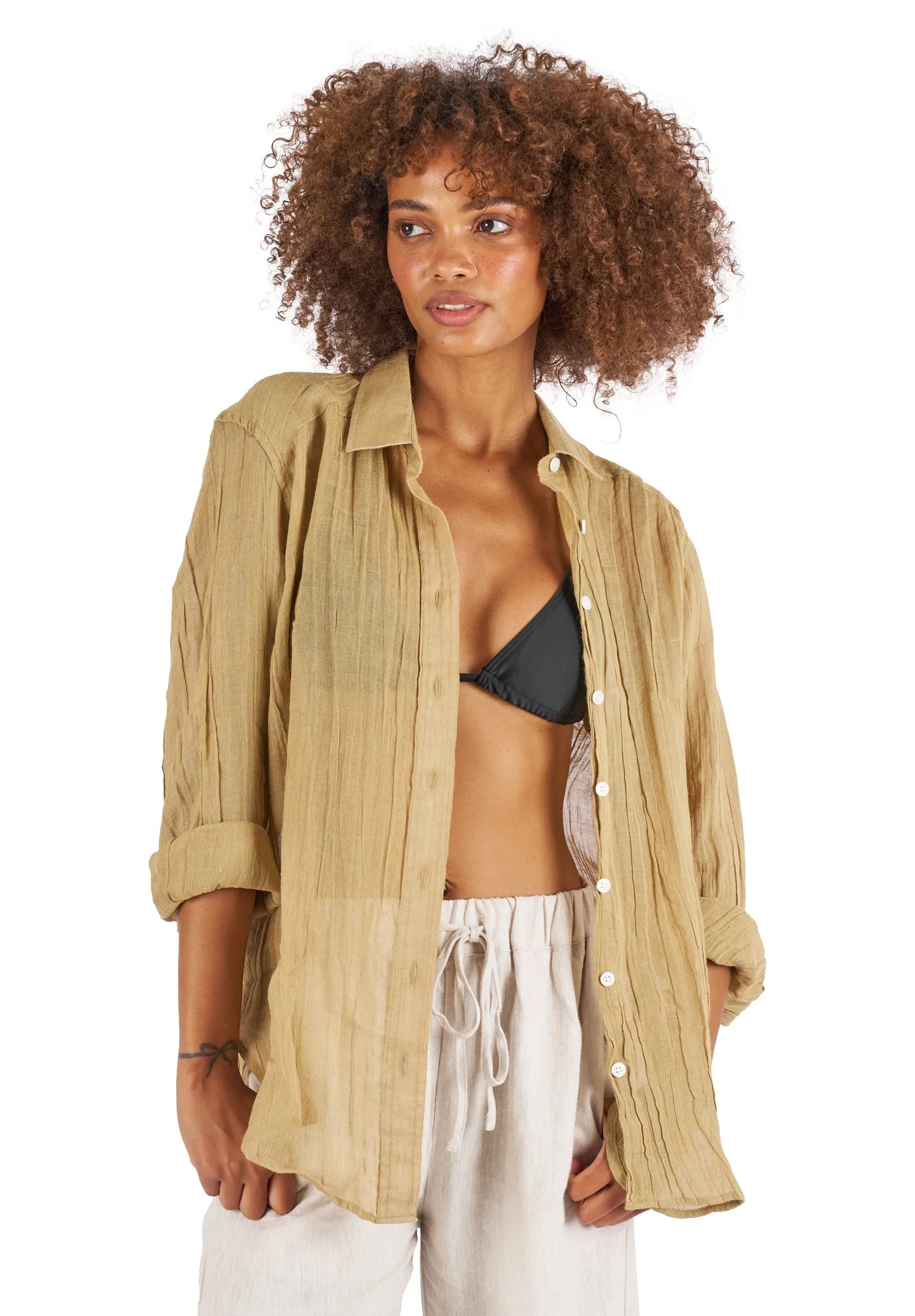 Crinkle-Shirt Khaki Oversized Linen Shirt