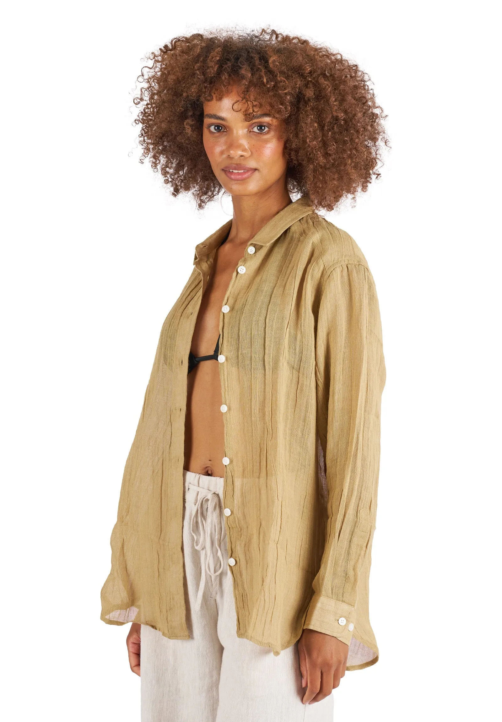 Crinkle-Shirt Khaki Oversized Linen Shirt