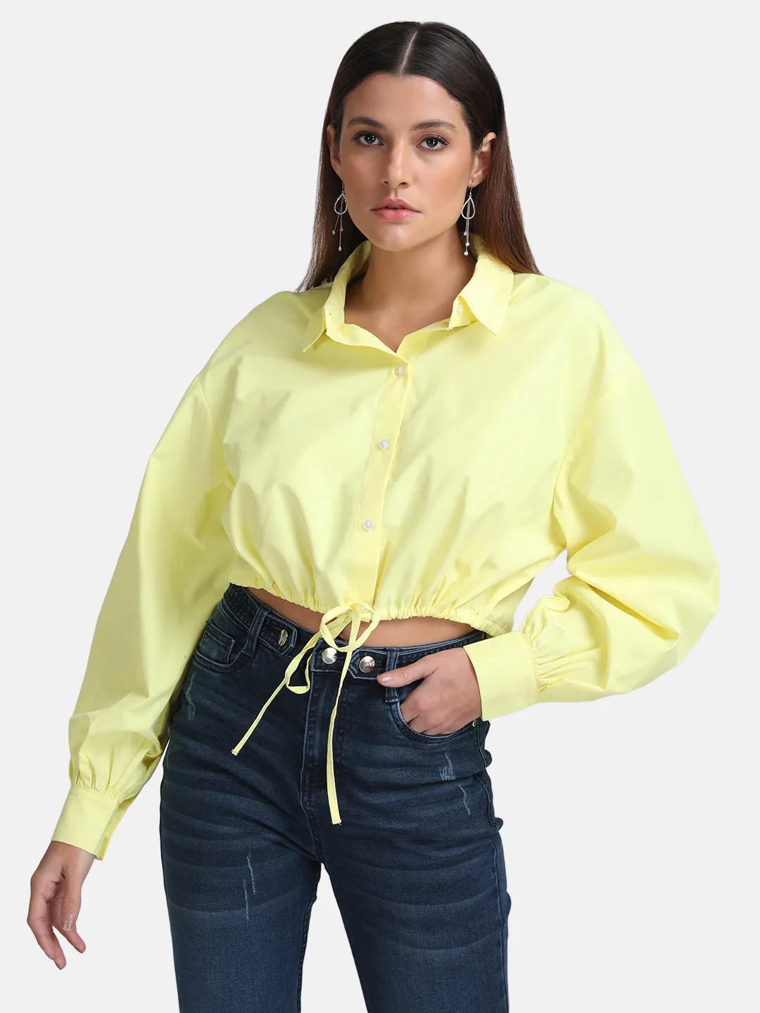 Cropped Shirt with Waist Drawstring Detail