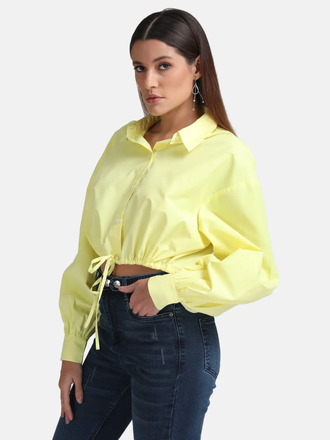 Cropped Shirt with Waist Drawstring Detail