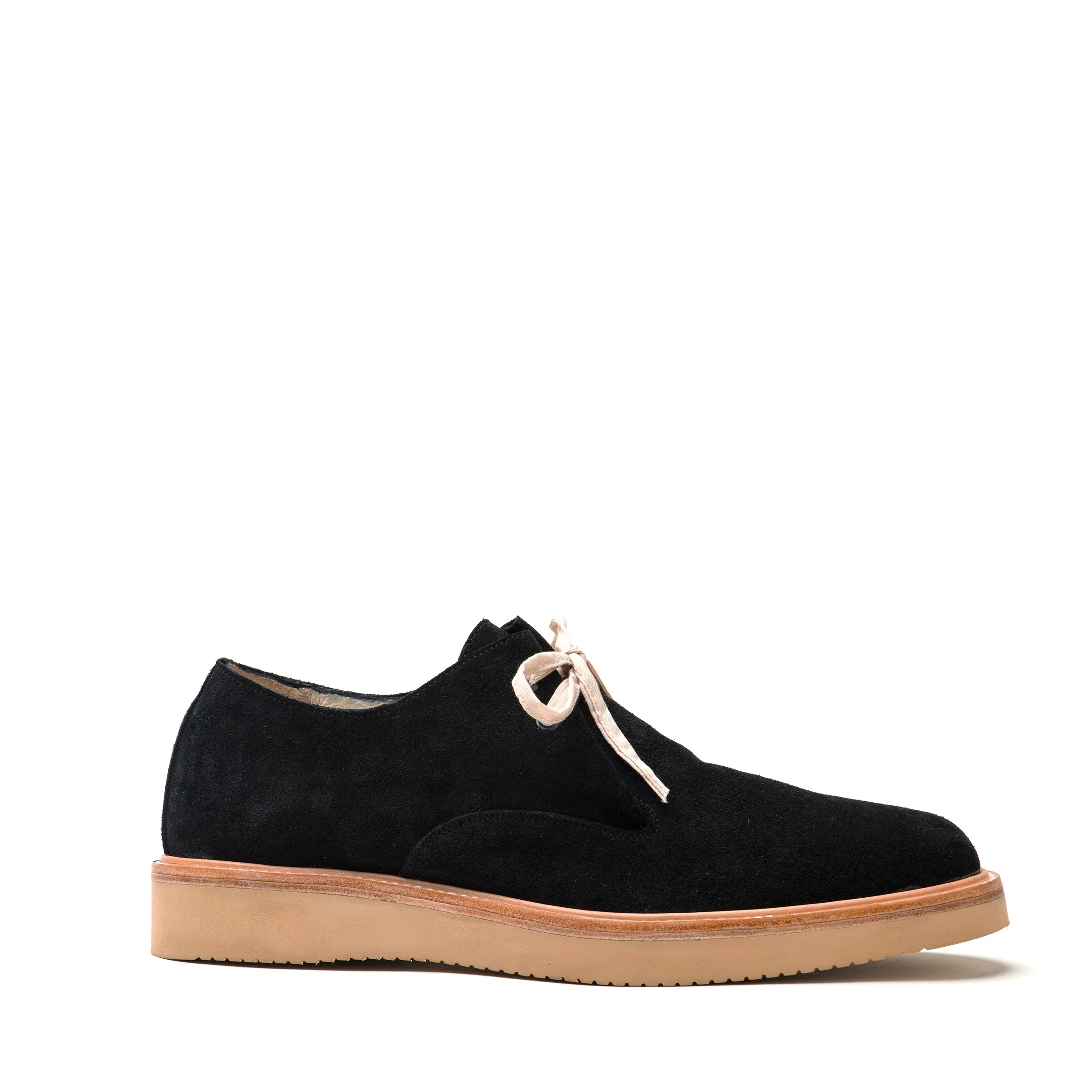 Derby- lace up/ Black suede w/ oil accents/ rubber sole